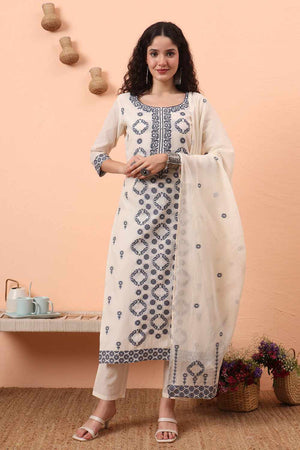 White Printed Cotton Kurti Pant Set