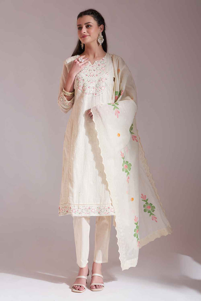 White Solid Cotton Kurti Pant Set (6338SKDWH)