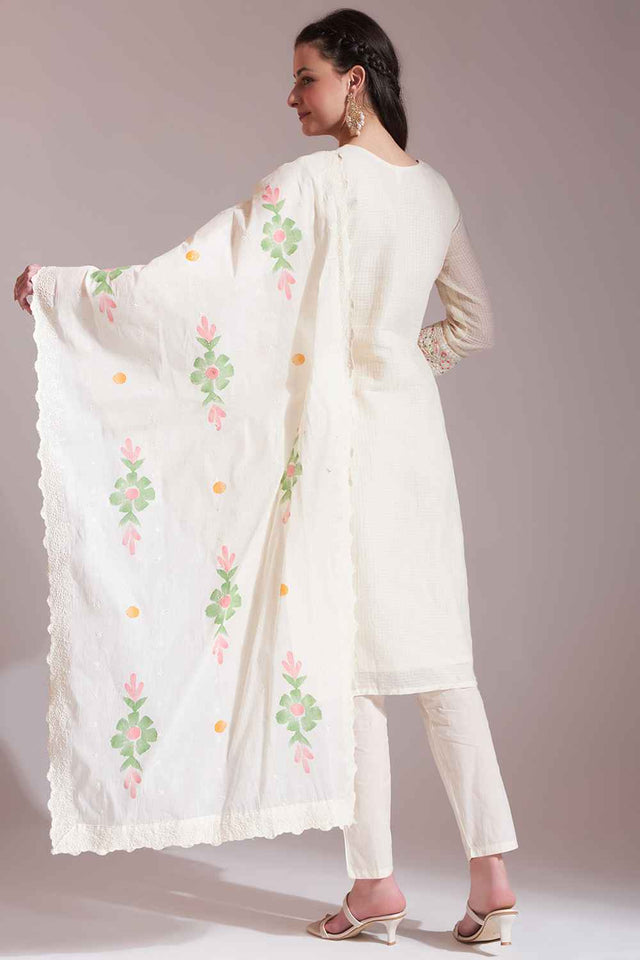 White Solid Cotton Kurti Pant Set (6338SKDWH)