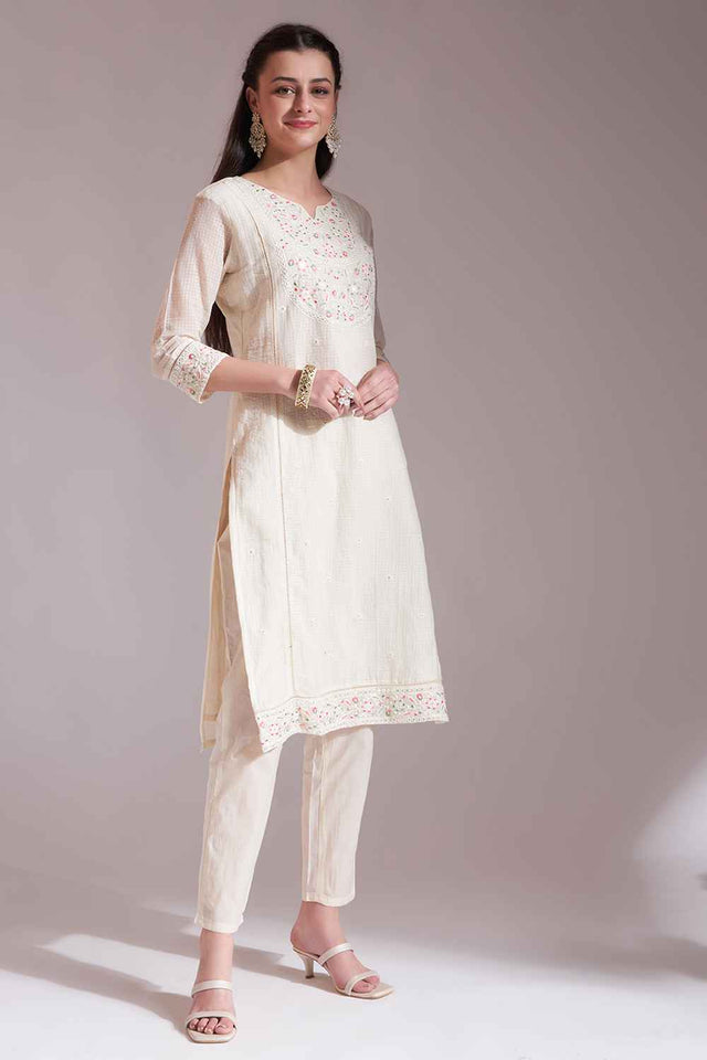 White Solid Cotton Kurti Pant Set (6338SKDWH)