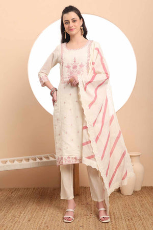 White Thread Work Cotton Kurti Pant Set