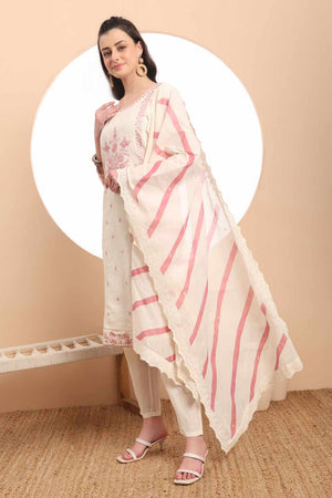 White Thread Work Cotton Kurti Pant Set