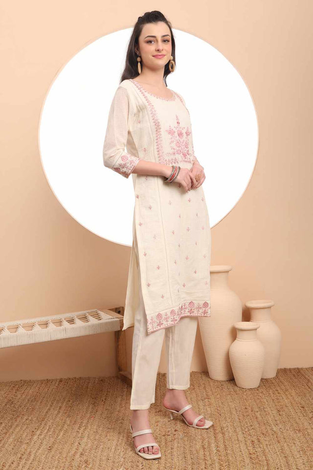White Thread Work Cotton Kurti Pant Set