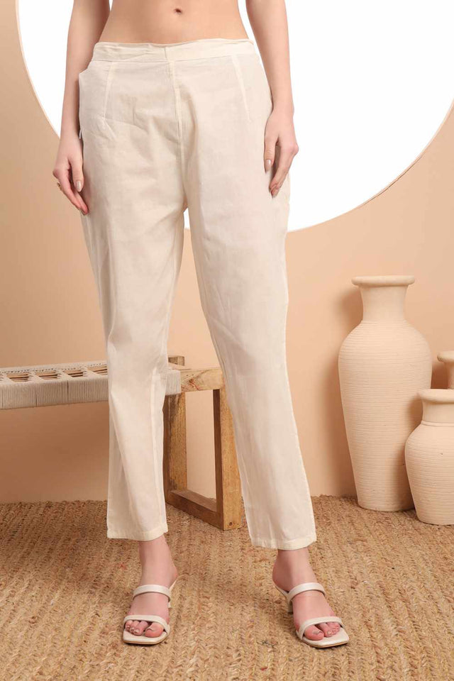 White Thread Work Cotton Kurti Pant Set