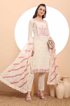 White Thread Work Cotton Kurti Pant Set