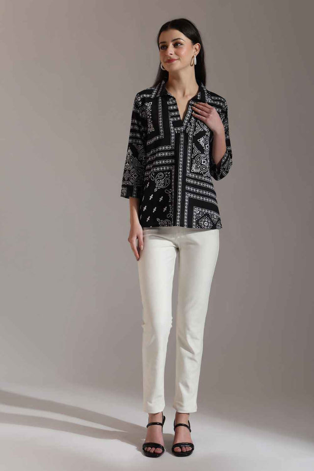 Black Ethnic Motifs Pure Cotton Tops (6341TOPBK)