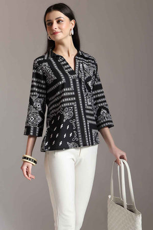 Black Ethnic Motifs Pure Cotton Tops (6341TOPBK)