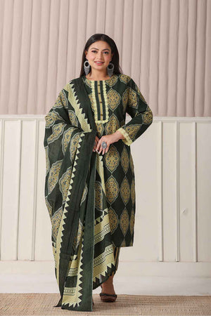 Green Block Pure Cotton Kurti Pant Set