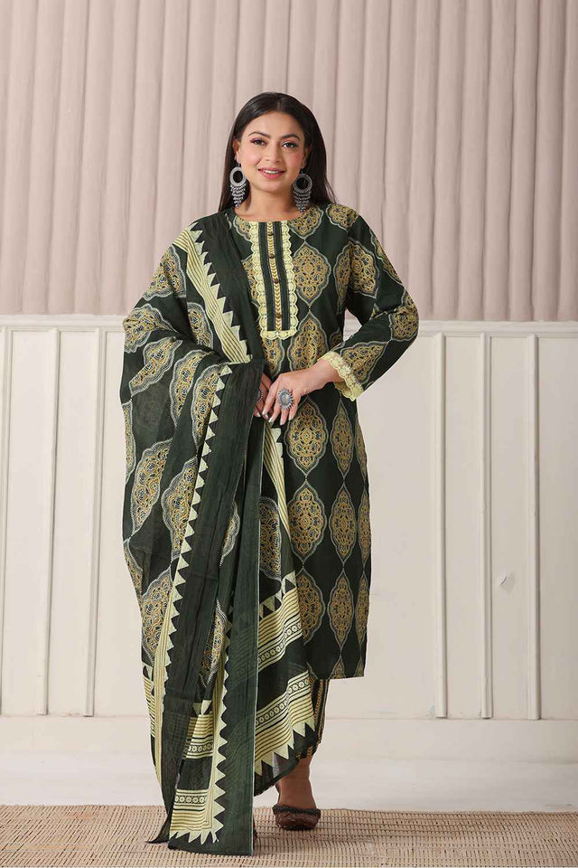 Green Block Pure Cotton Kurti Pant Set