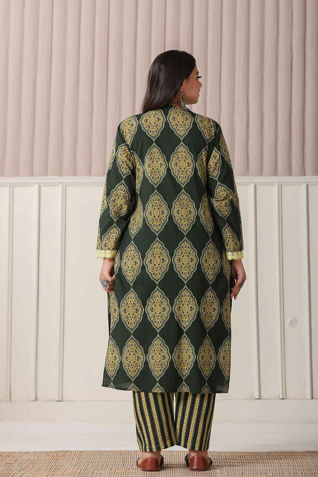 Green Block Pure Cotton Kurti Pant Set