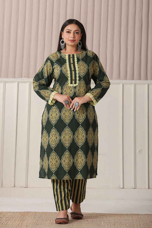 Green Block Pure Cotton Kurti Pant Set