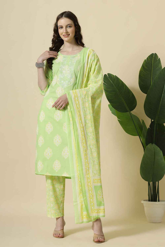 Green Floral Printed Cotton Kurti Pant Set