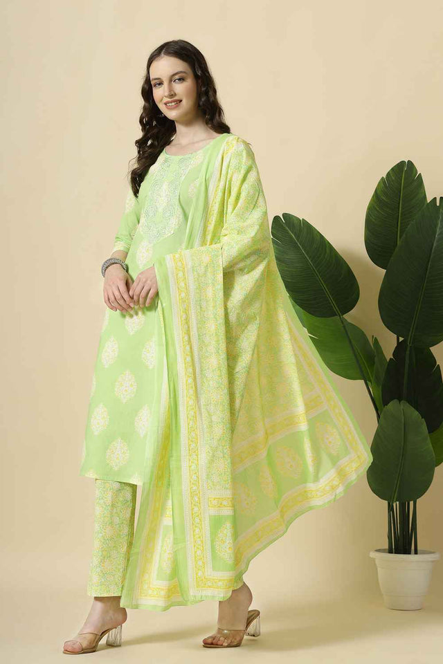 Green Floral Printed Cotton Kurti Pant Set