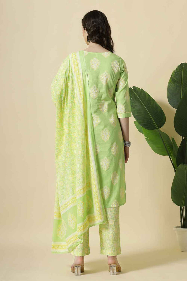 Green Floral Printed Cotton Kurti Pant Set