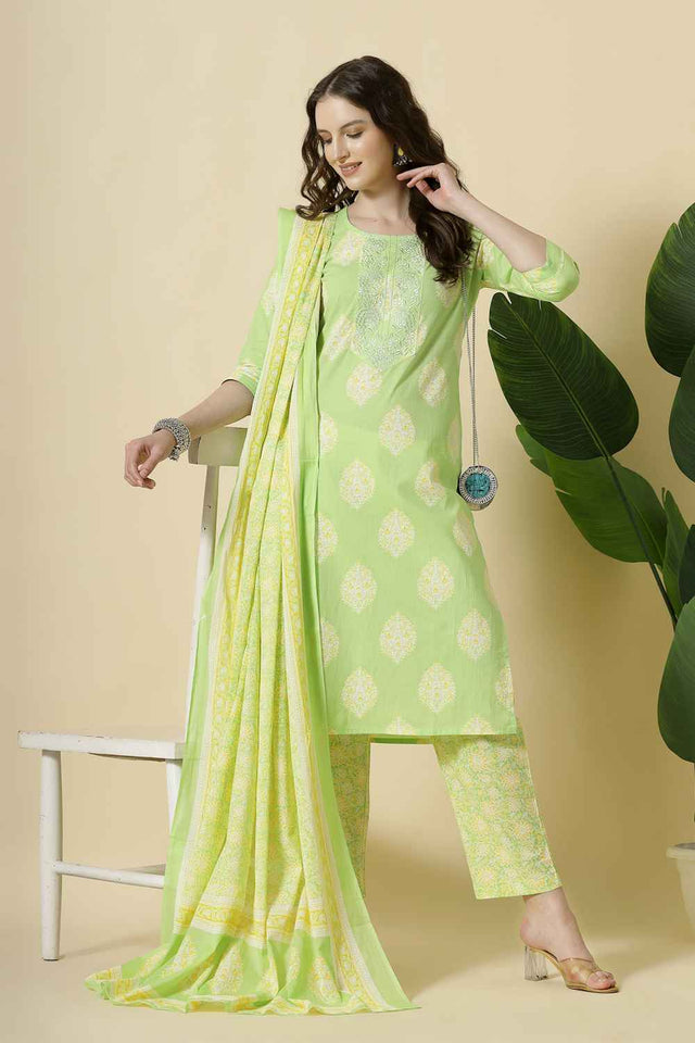 Green Floral Printed Cotton Kurti Pant Set