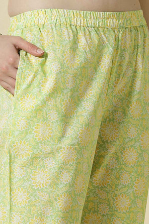 Green Floral Printed Cotton Kurti Pant Set