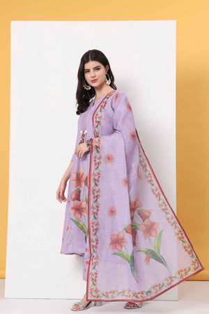 Violet Floral Printed Linen Kurti Pant Set