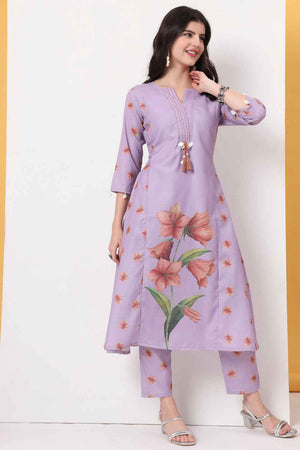 Violet Floral Printed Linen Kurti Pant Set