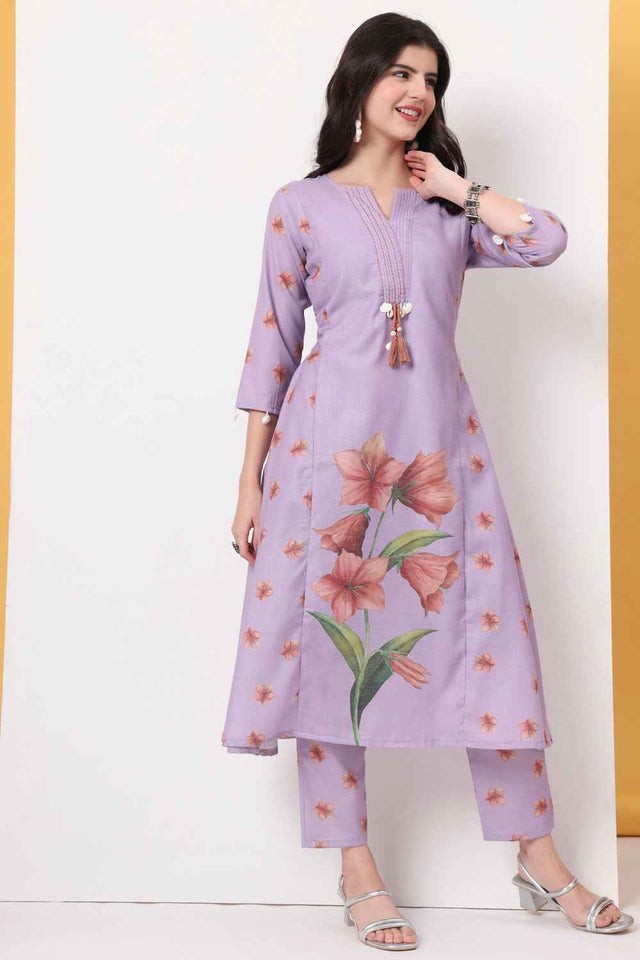 Violet Floral Printed Linen Kurti Pant Set
