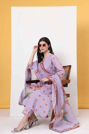 Violet Floral Printed Linen Kurti Pant Set