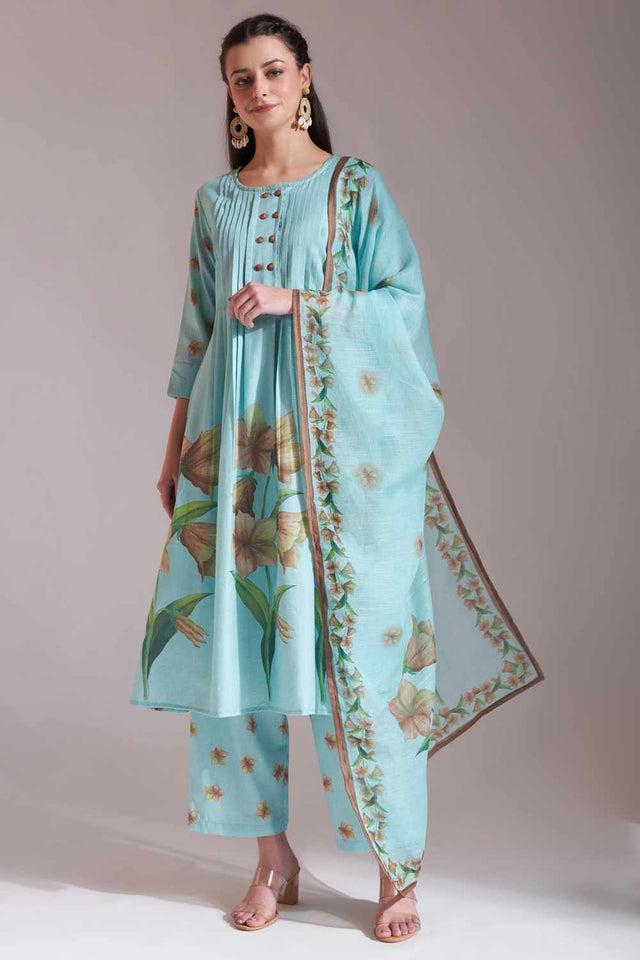 Sea-Green Floral Printed Linen Kurti Pant Set