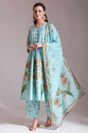 Sea-Green Floral Printed Linen Kurti Pant Set