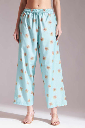 Sea-Green Floral Printed Linen Kurti Pant Set