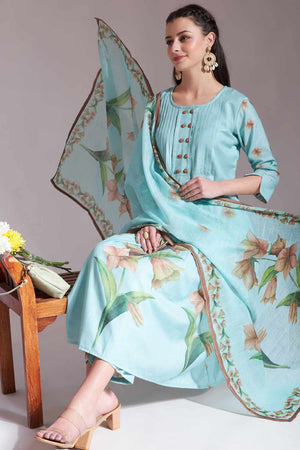 Sea-Green Floral Printed Linen Kurti Pant Set
