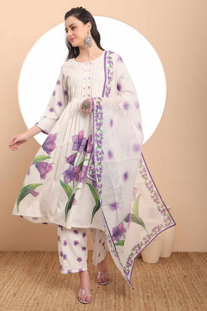 White Floral Printed Linen Kurti Pant Set (6373SKDWH)