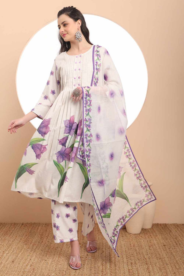 White Floral Printed Linen Kurti Pant Set (6373SKDWH)