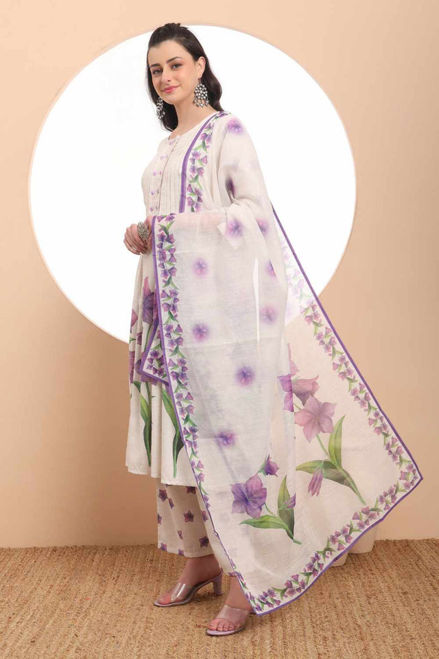 White Floral Printed Linen Kurti Pant Set (6373SKDWH)