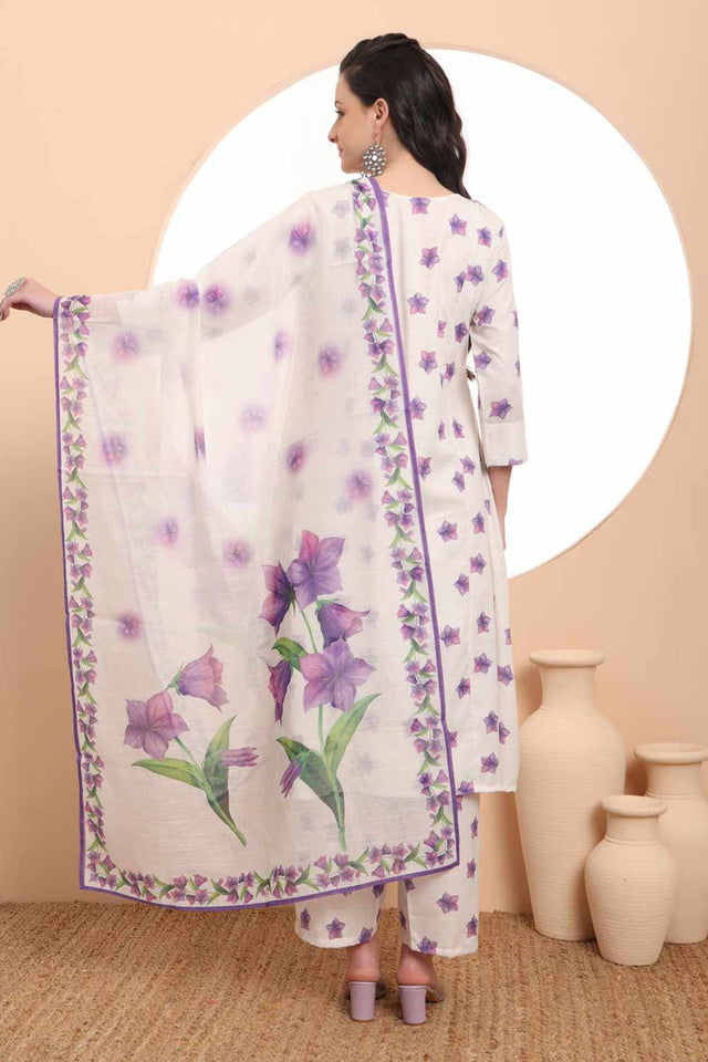 White Floral Printed Linen Kurti Pant Set (6373SKDWH)