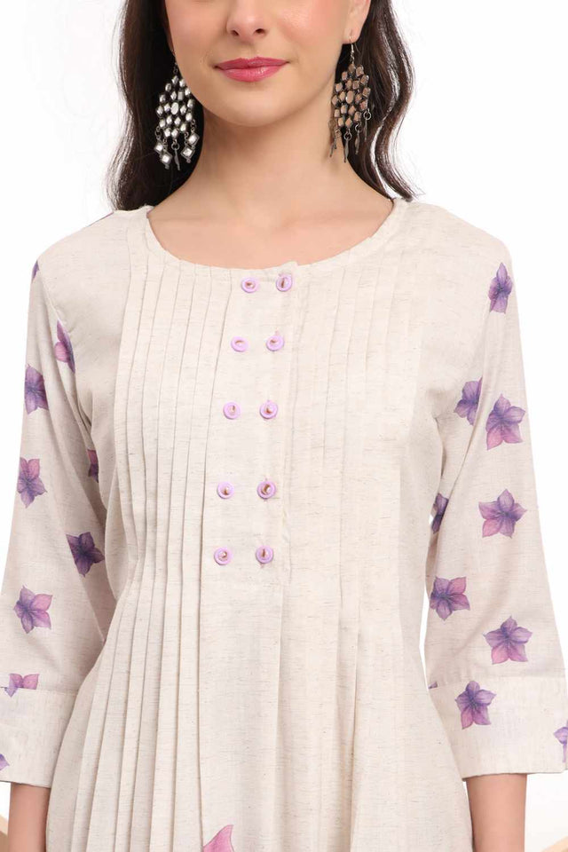 White Floral Printed Linen Kurti Pant Set (6373SKDWH)