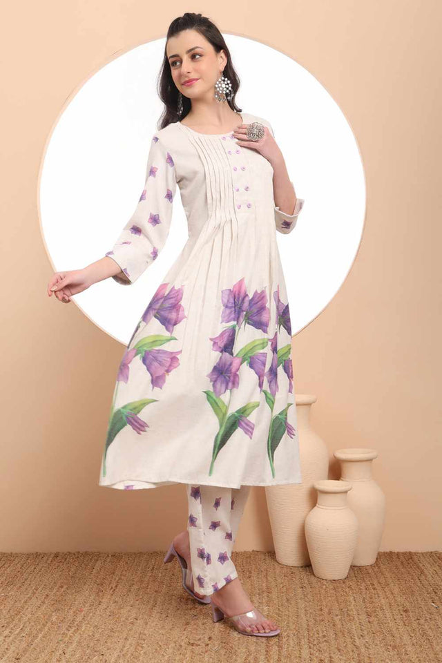 White Floral Printed Linen Kurti Pant Set (6373SKDWH)