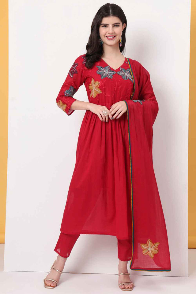 Red Solid Cotton Anarkali Suit Set