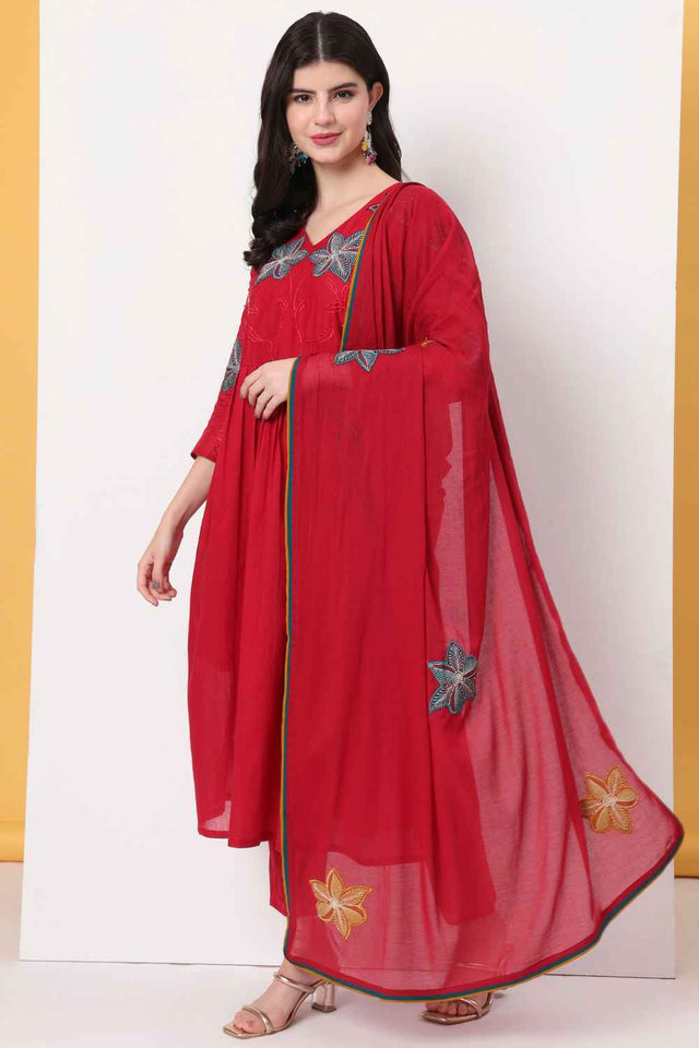Red Solid Cotton Anarkali Suit Set