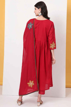 Red Solid Cotton Anarkali Suit Set