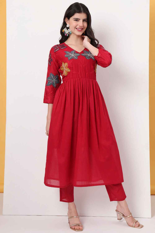 Red Solid Cotton Anarkali Suit Set