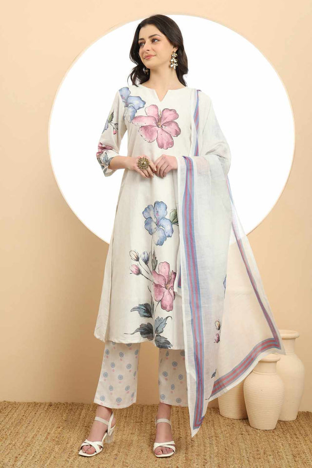 White Floral Printed Linen Kurti Pant Set
