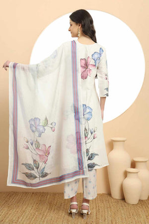 White Floral Printed Linen Kurti Pant Set