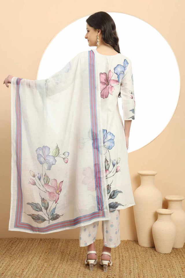 White Floral Printed Linen Kurti Pant Set
