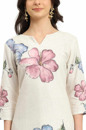 White Floral Printed Linen Kurti Pant Set