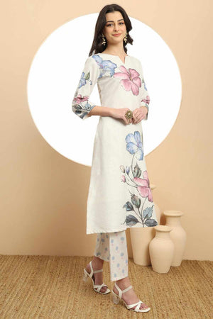 White Floral Printed Linen Kurti Pant Set