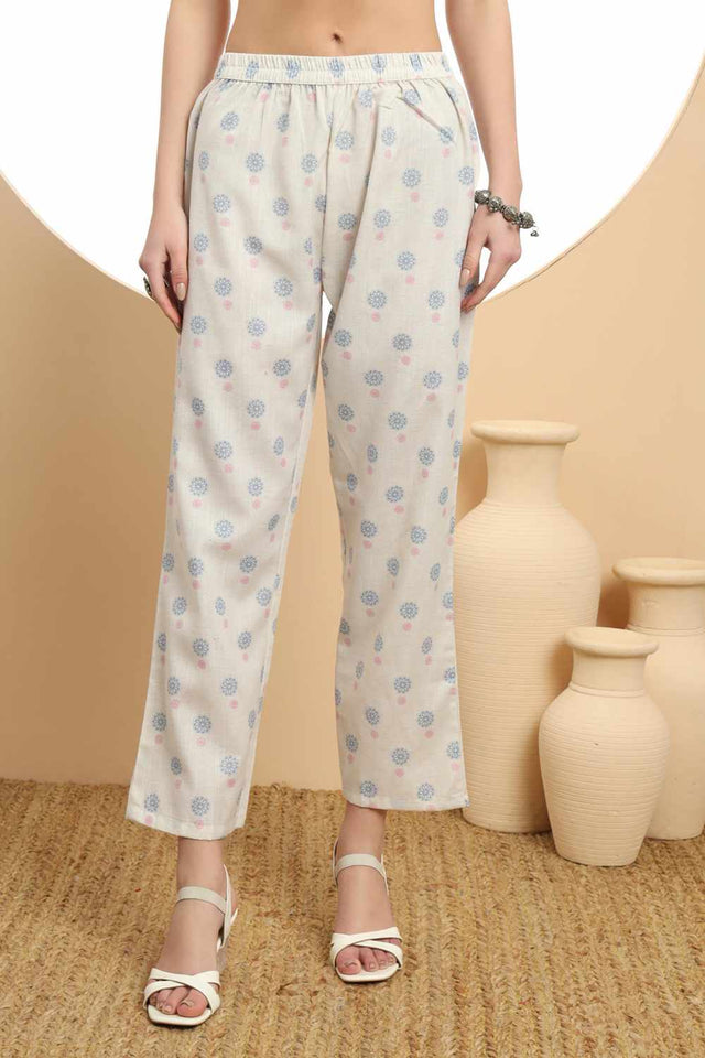 White Floral Printed Linen Kurti Pant Set