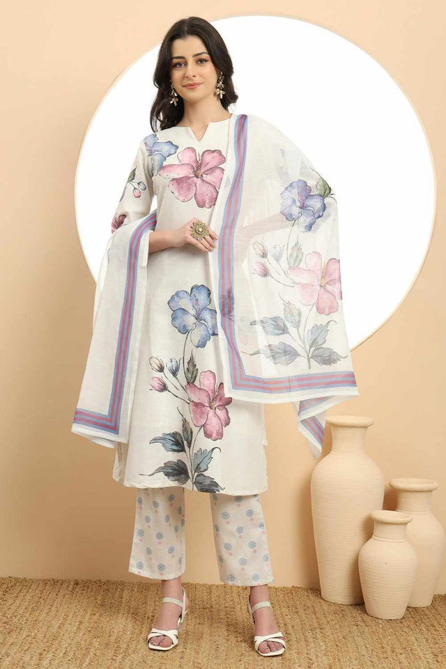White Floral Printed Linen Kurti Pant Set