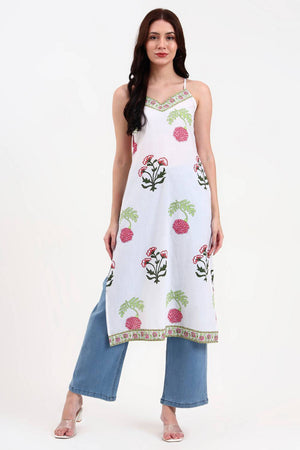 White Floral Printed Cotton Straight Kurti