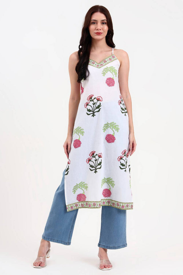 White Floral Printed Cotton Straight Kurti