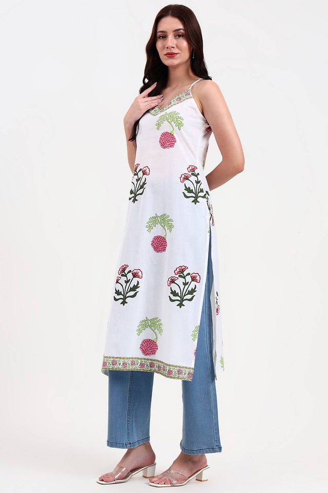 White Floral Printed Cotton Straight Kurti
