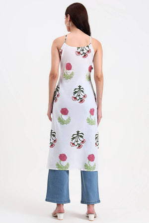 White Floral Printed Cotton Straight Kurti