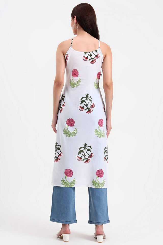 White Floral Printed Cotton Straight Kurti